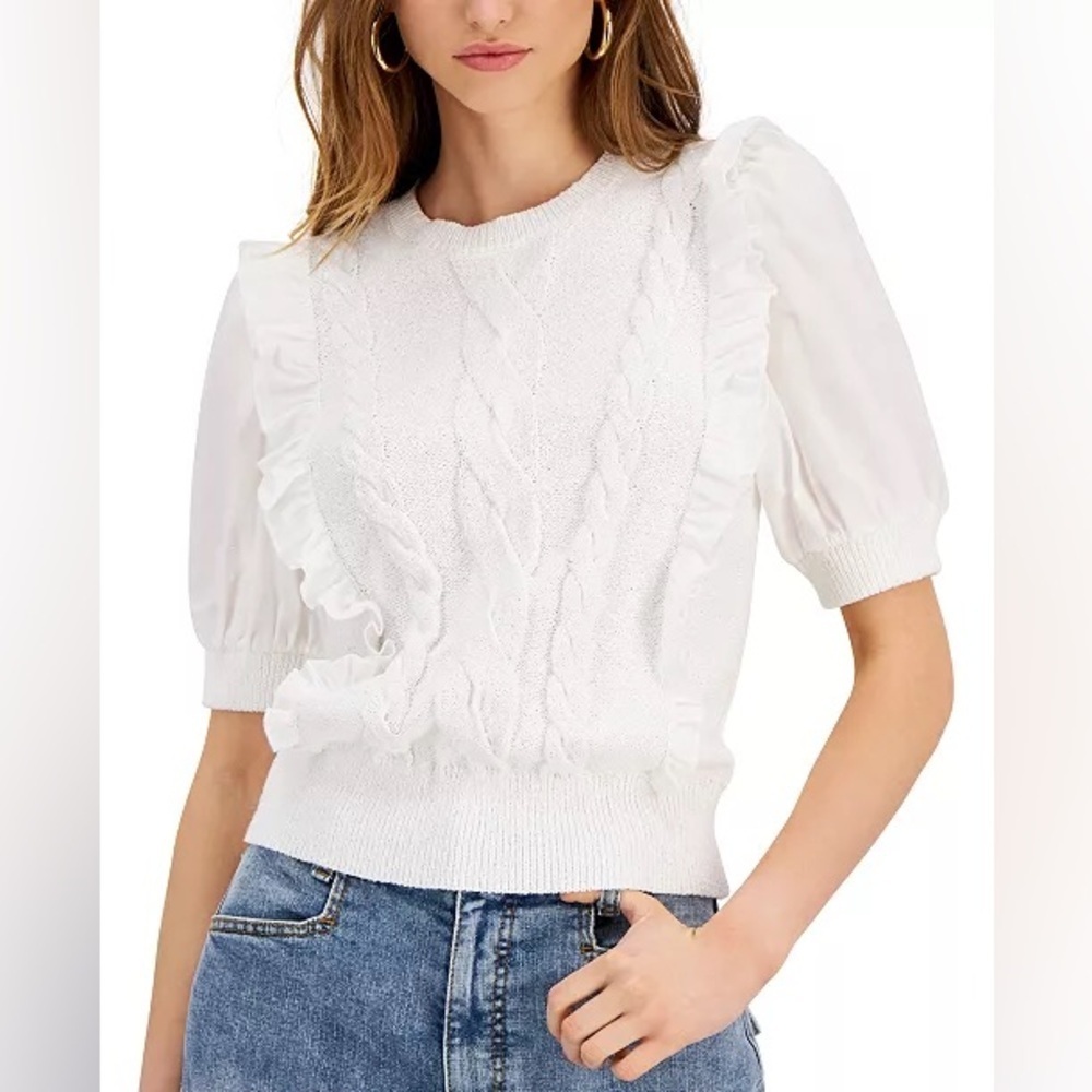 INC Cable Knit Sweater White Short Sleeve Top - Picture 2 of 16